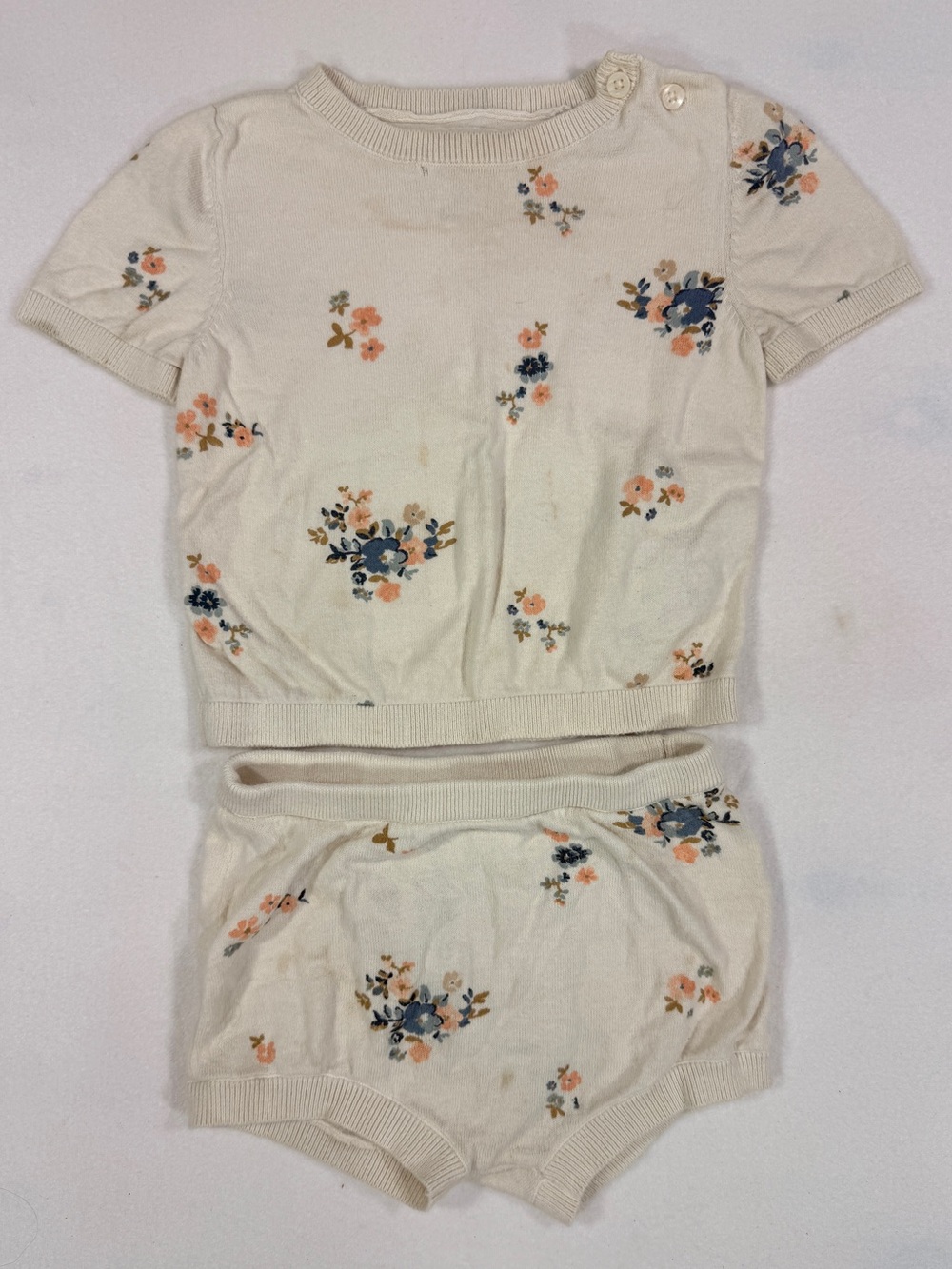 Little Planet Floral Knit Matching Set - Cream with Blue & Peach Flowers